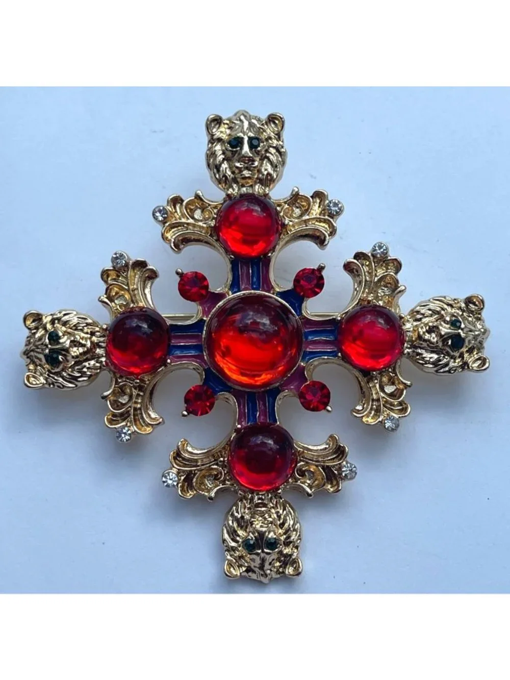 Heraldic Medieval Maltese Cross Pin Brooch Red Blue Gold Lion Accents Vintage St